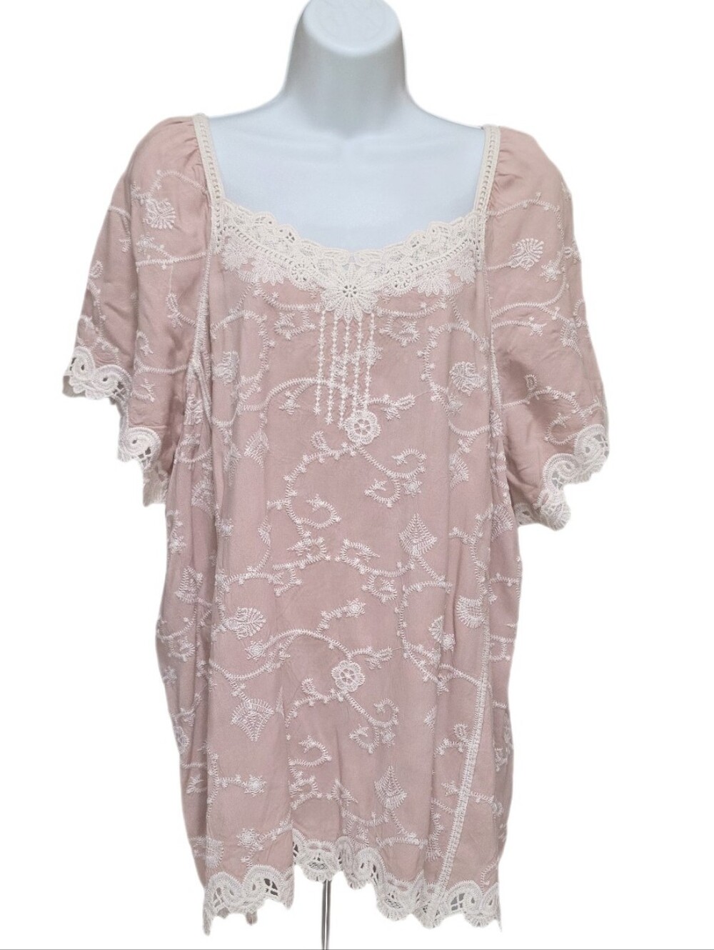 Democracy Plus Size Lace Crochet Embroidered Boho Top Flutter Sleeves Rose 2X